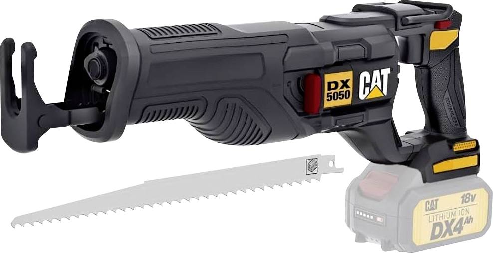 CAT DX5050 cordless reciprocating saw with blade attached and 18V lithium-ion battery pack<br>