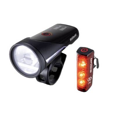 A bicycle light set with a front headlight and a rear red taillight, both black with SIGMA branding.
