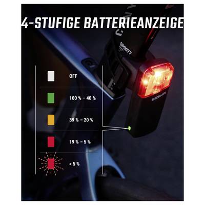 Graphic of a 4-stage battery indicator for a bicycle light: OFF, 100–40%, 39–20%, 19–5%, below 5% flashes red.