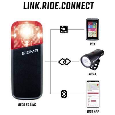 Infographic for SIGMA LINK.RIDE.CONNECT: RECO 80 LINK connects via ANT+, Bluetooth and Link with ROX, AURA and the RIDE APP.