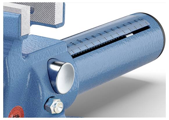 Close-up of a blue precision measuring gauge with a cylindrical scale, a knob, and a metal block, shown on a white background.