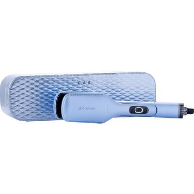 Light blue ghd Duet Style hair tool with matching quilted storage pouch on a white background.
