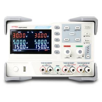 Front view of a programmable DC power supply showing dual-channel voltage, current, and power readouts with control buttons and output terminals.