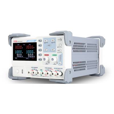Bench DC power supply with dual digital displays, four output terminals, and front-panel controls for adjustable voltage and current.