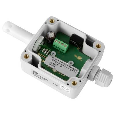 Open electrical enclosure with exposed circuit board, terminal block, relay, and cable glands inside a gray housing.