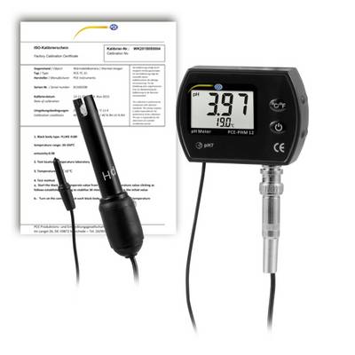 Digital pH meter with probe and calibration certificate, showing a reading of 3.97 and temperature 19.0°C.<br>