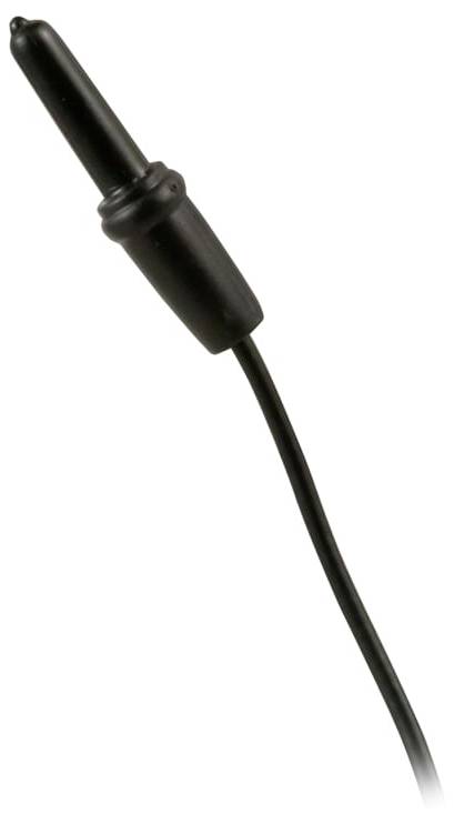 Black wired electronic probe with pointed tip on a white background.