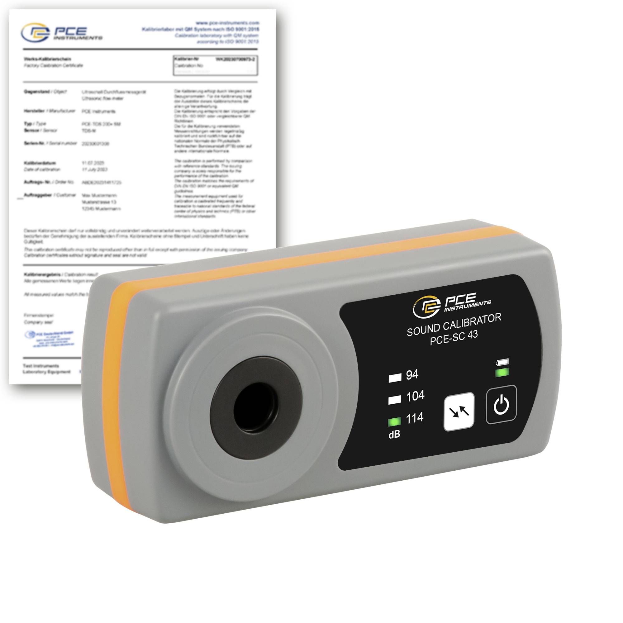 Sound calibrator device labeled 'PCE-SC 43' with a calibration certificate sheet behind it.