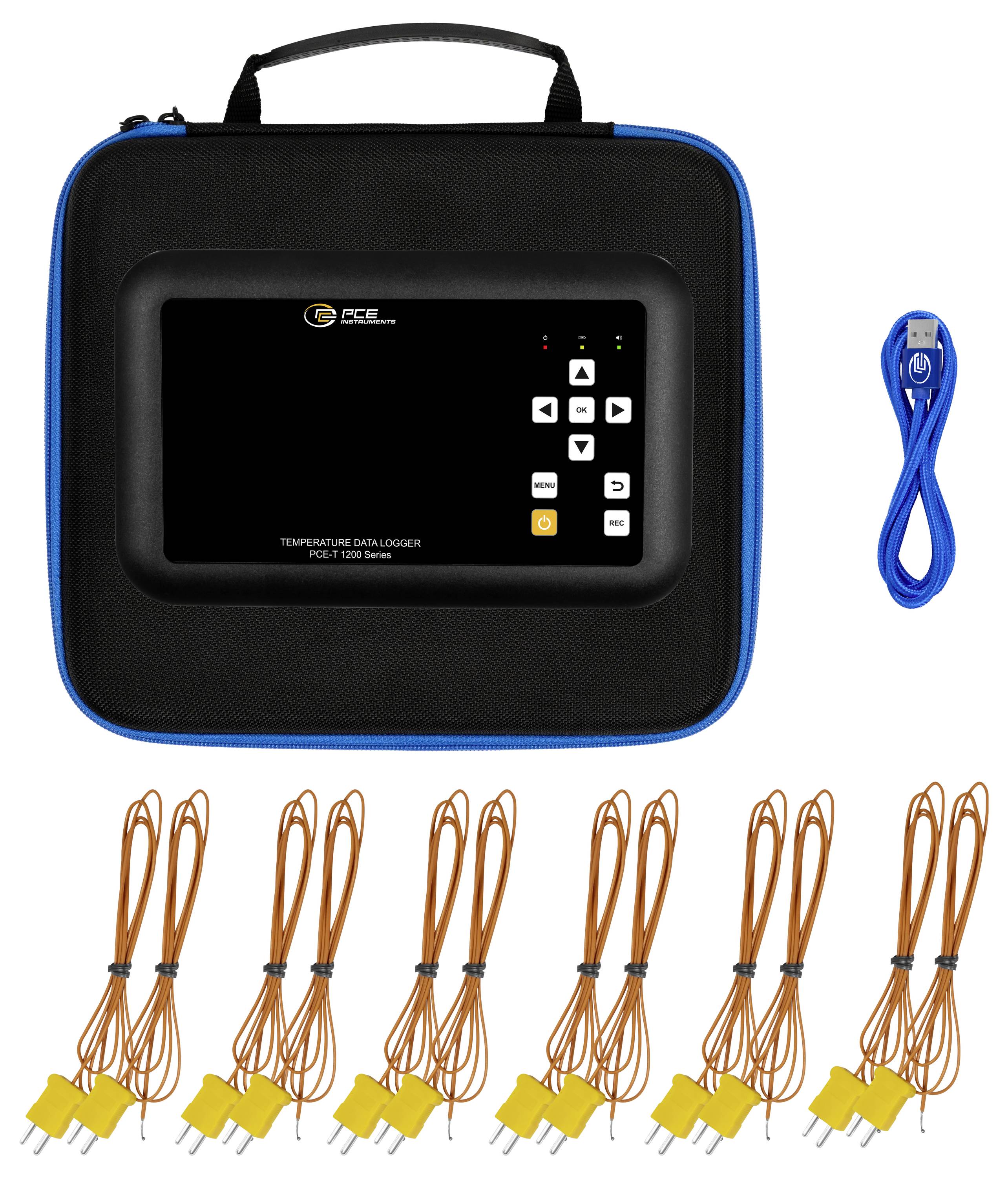 Temperature data logger kit in a carrying case, with USB cable and six orange probe cables with yellow connectors.