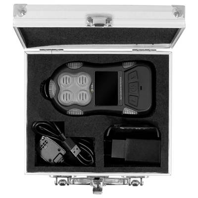 Handheld electronic device in an open foam-lined carrying case, with charging cable and accessories stored in compartments.