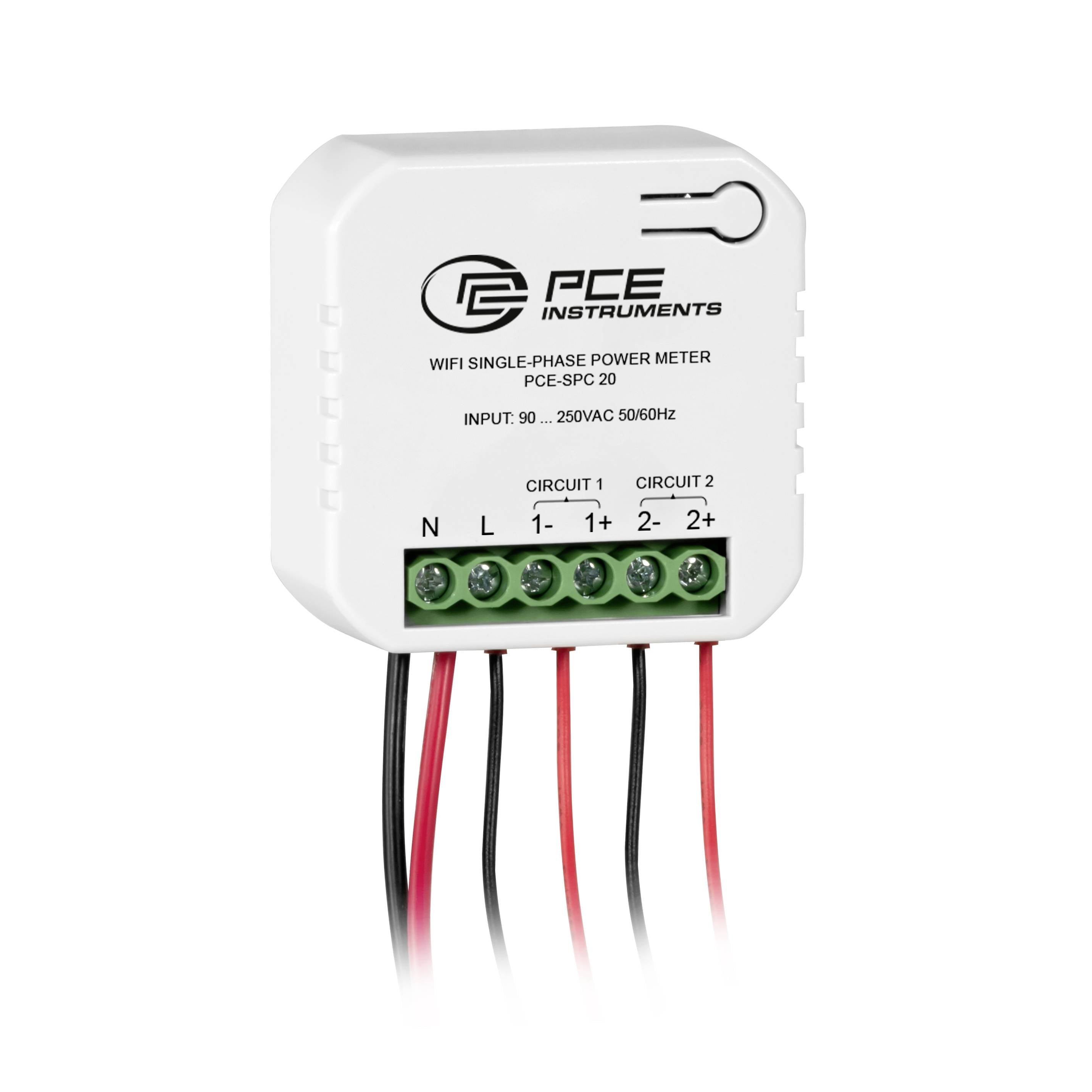 PCE Instruments WiFi single-phase power meter with six screw terminals labeled N, L, 1-, 1+, 2-, and 2+ and connected wires.