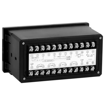Black industrial control module with labeled screw terminals and wiring diagram on the front panel.