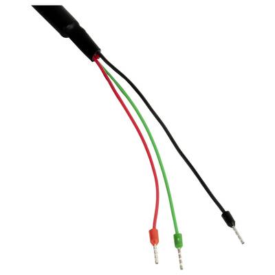 Three insulated wires—red, green, and black—extend from a black cable sheath, each ending in a stripped metal connector.