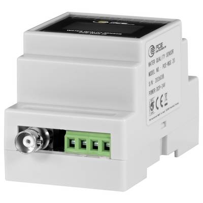 White electrical water quality sensor module with BNC connector, green terminal block, and labeled side panel.