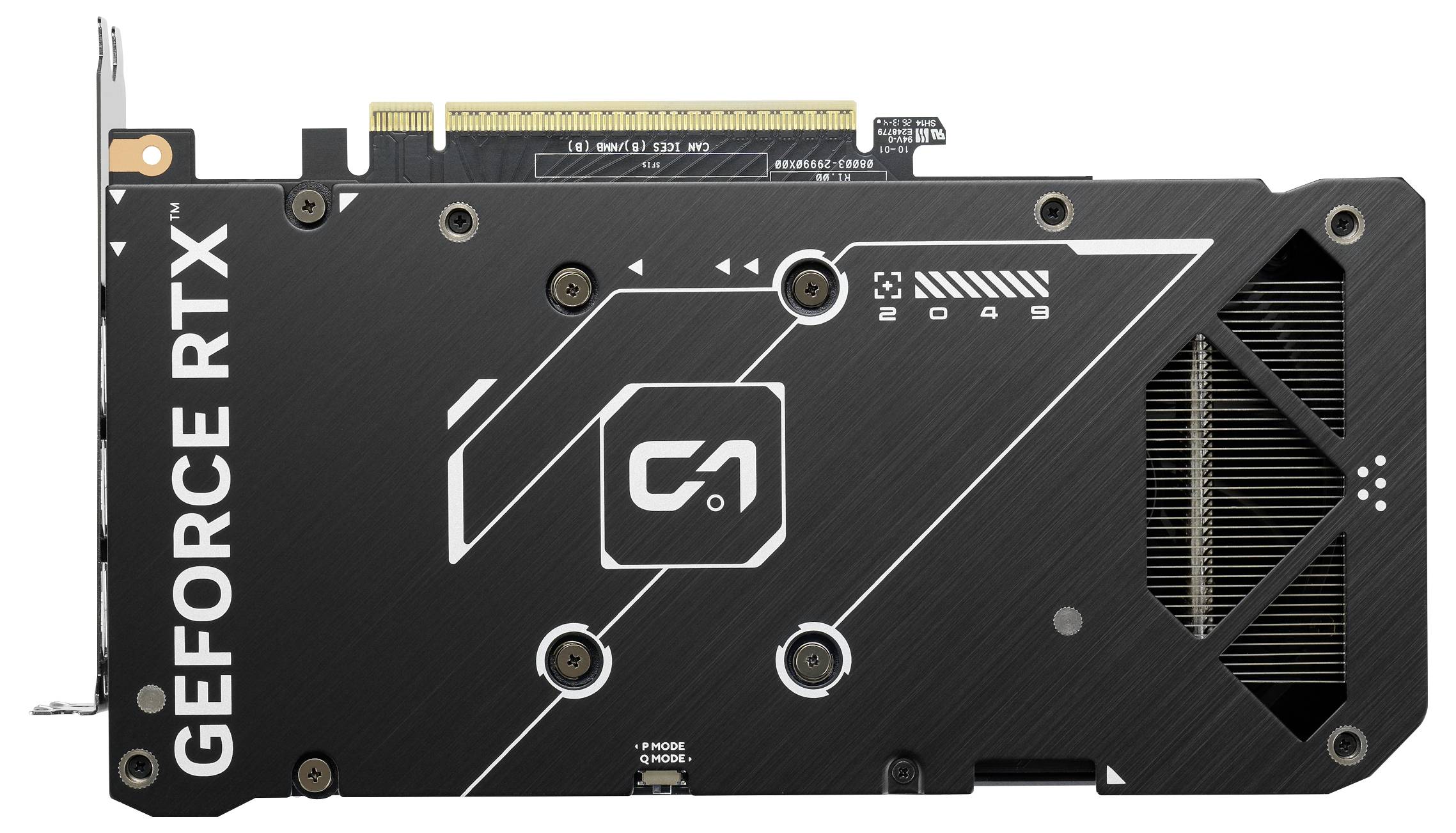 NVIDIA GeForce RTX graphics card with black backplate, visible cooling vents, and PCIe connector on top.<br>