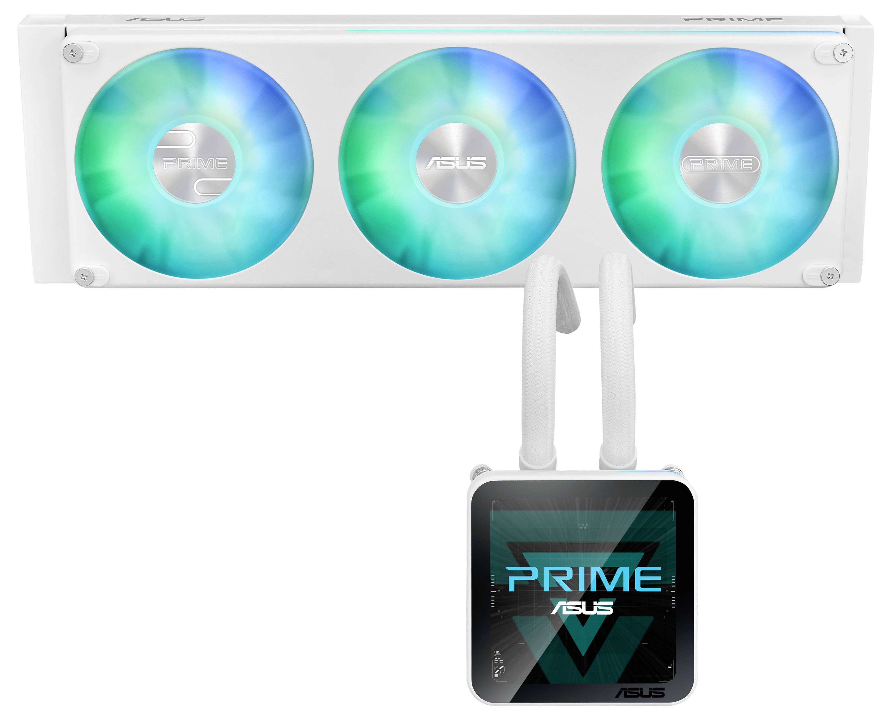 White ASUS liquid CPU cooler with three turquoise-lit fans and a small square display showing 'PRIME ASUS' underneath.