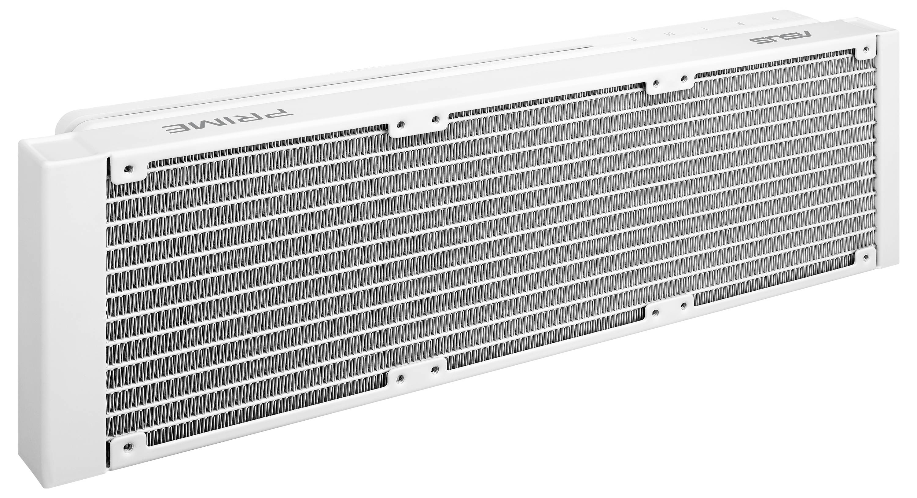 White rectangular computer radiator or cooler with a large finned metal grill shown on a plain background.