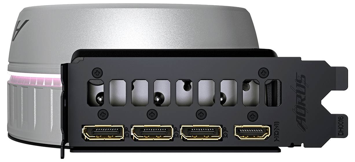 Close-up of an AORUS graphics card side panel showing four HDMI ports and illuminated silver-and-black cooling shroud.