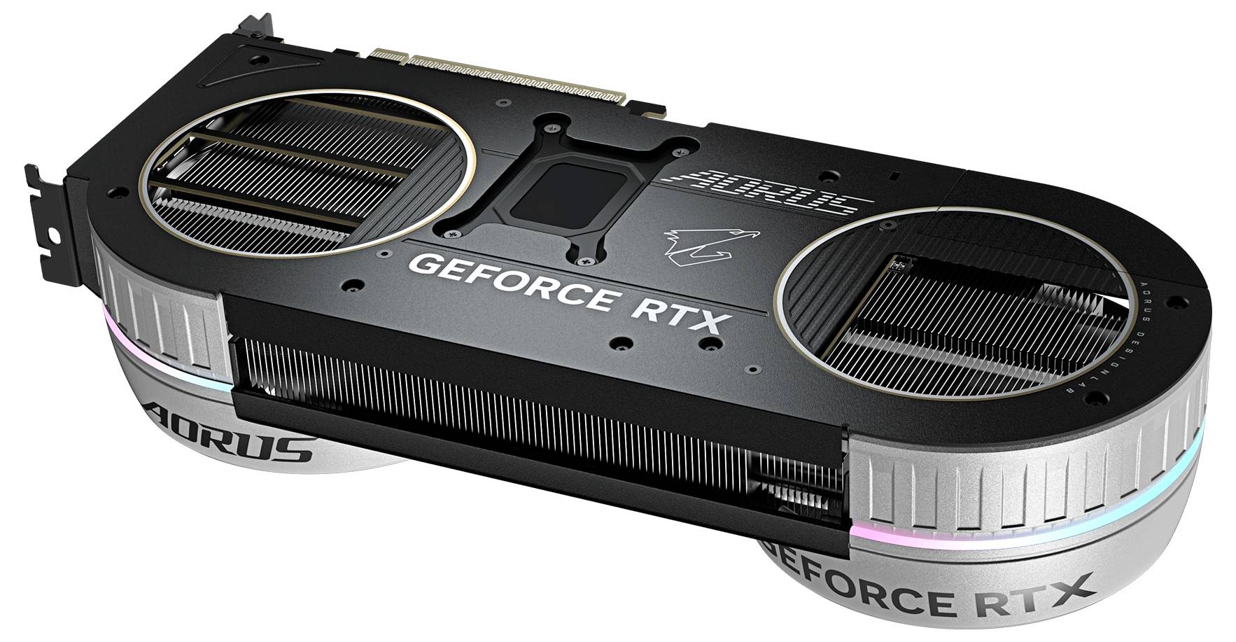 AORUS GeForce RTX graphics card shown on a white background, with a dual-fan cooling design and silver side accents.