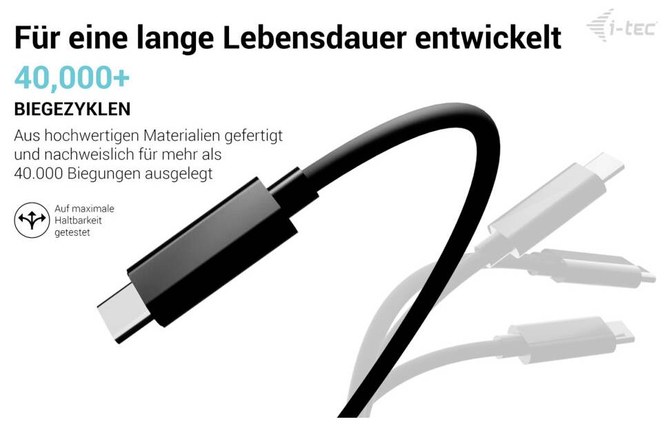 German product graphic showing a durable cable and connectors, labeled 'Für eine lange Lebensdauer entwickelt' and '40,000+ BIEGEZYKLEN', highlighting tested bend durability.