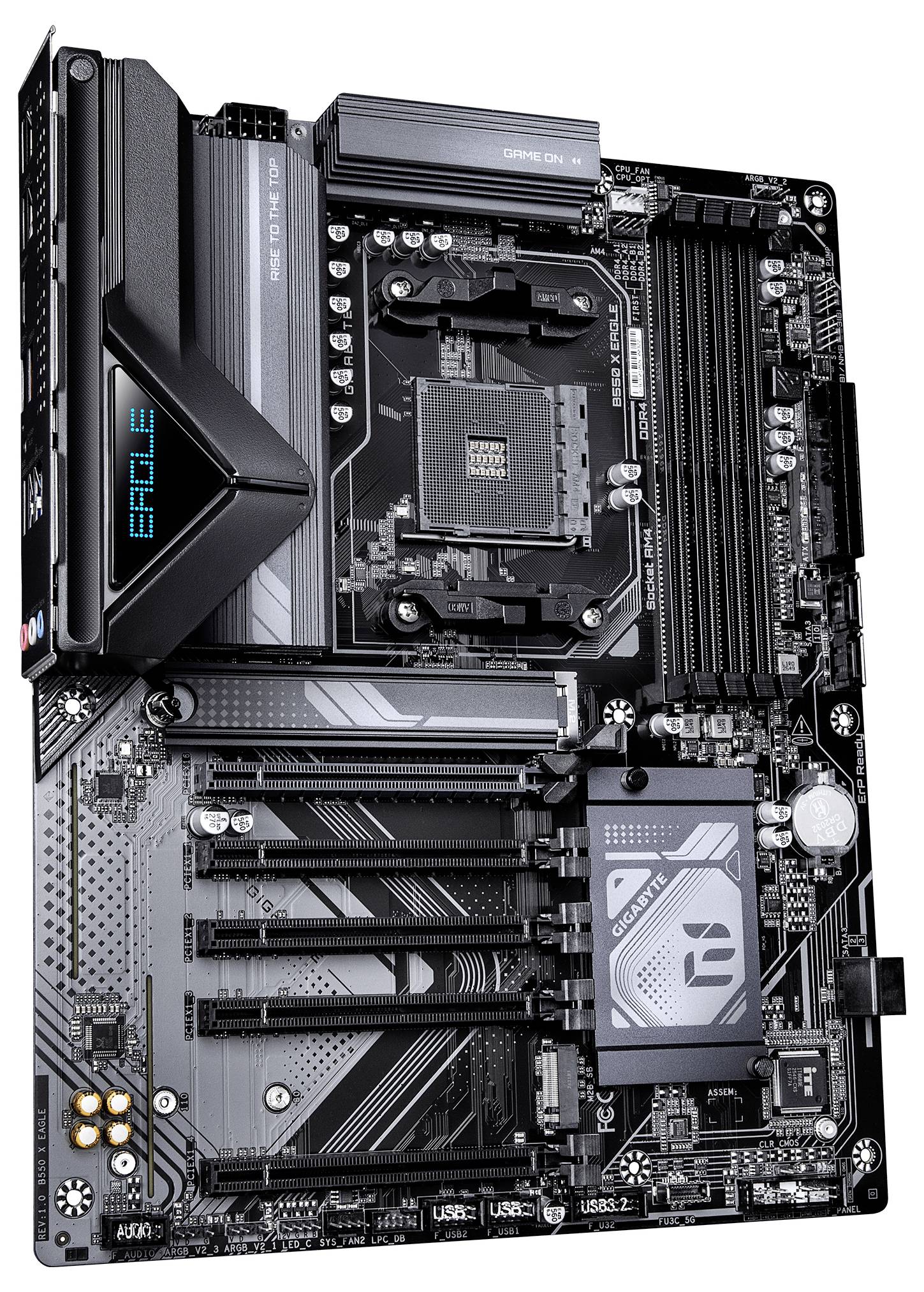 A computer motherboard with CPU socket, RAM slots, PCIe slots, storage connectors, and a large CPU cooler assembly on the left.