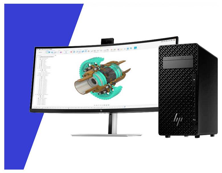 Curved monitor displaying a 3D CAD model beside an HP desktop tower, suggesting a workstation for design or engineering.