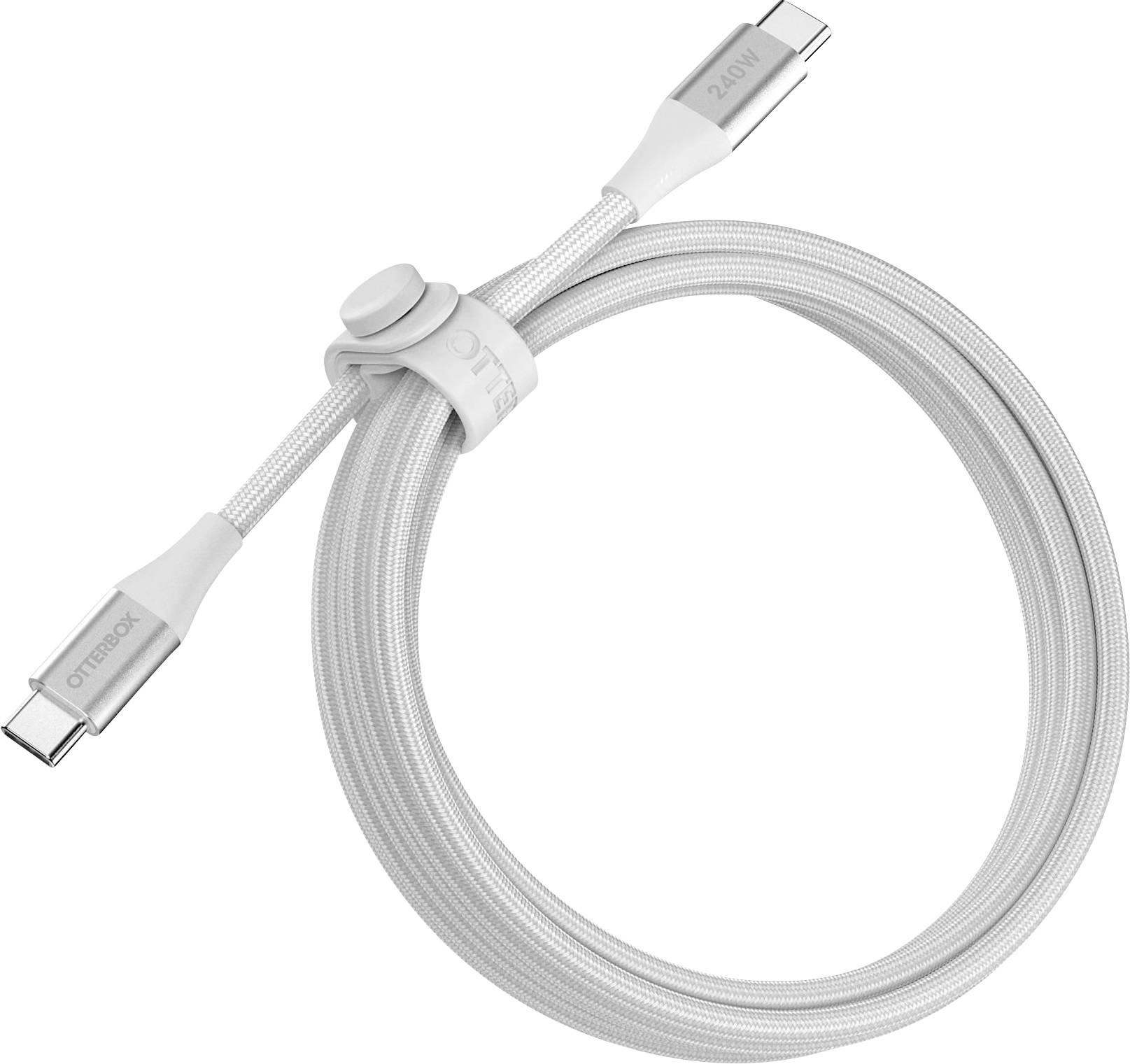 White braided USB-C charging cable coiled and secured with a strap, with USB-C connectors on both ends.