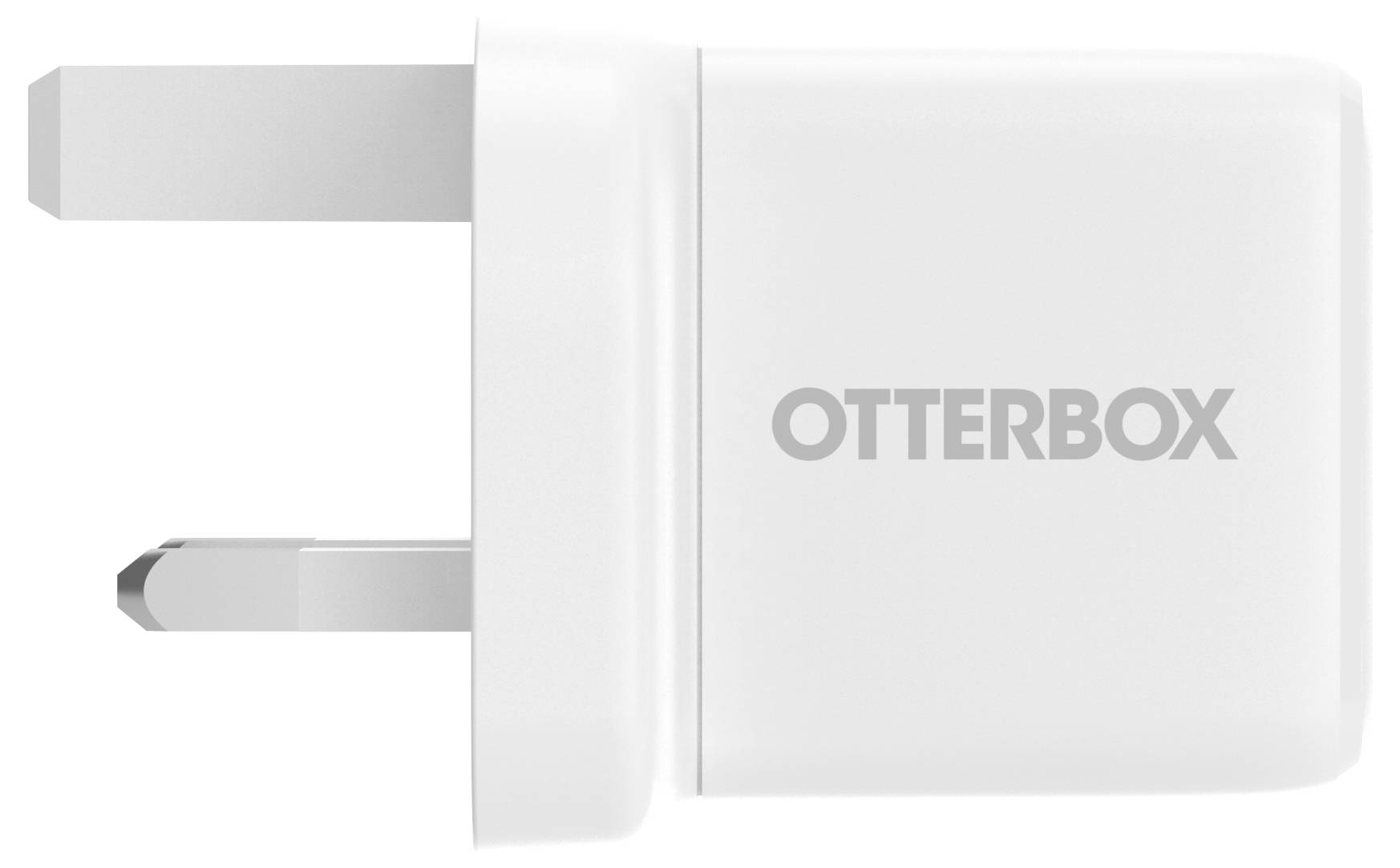 White OtterBox wall charger with two prongs, shown in side view on a plain background.