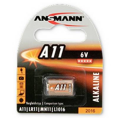Ansmann A11 6V alkaline battery in retail packaging, labeled A11, LR11, MN11, and L1016, with a single battery visible in a blister pack.