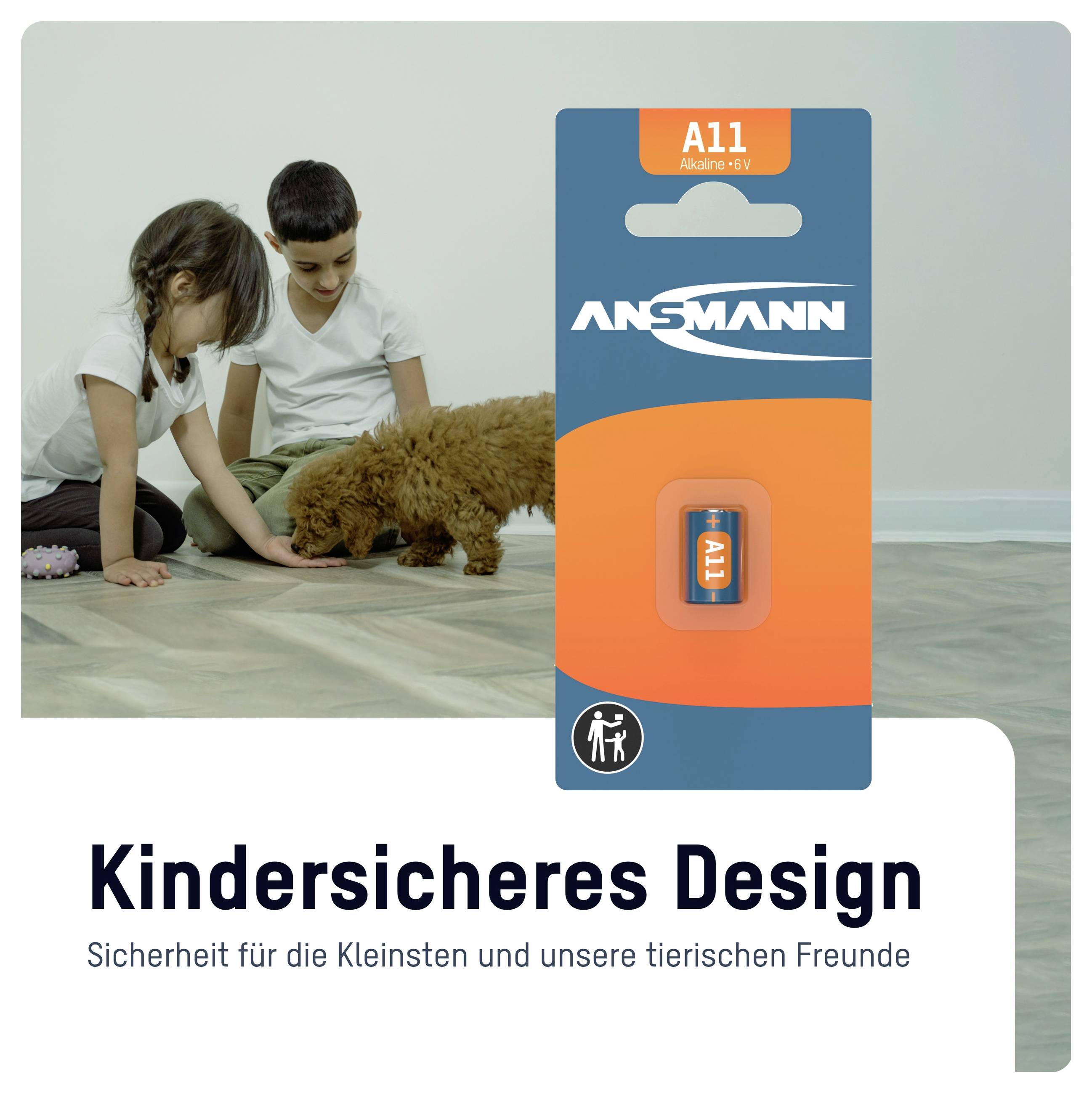 Ad for ANSMANN A11 alkaline battery with 'Kindersicheres Design' text; childproof packaging shown beside children and a dog.
