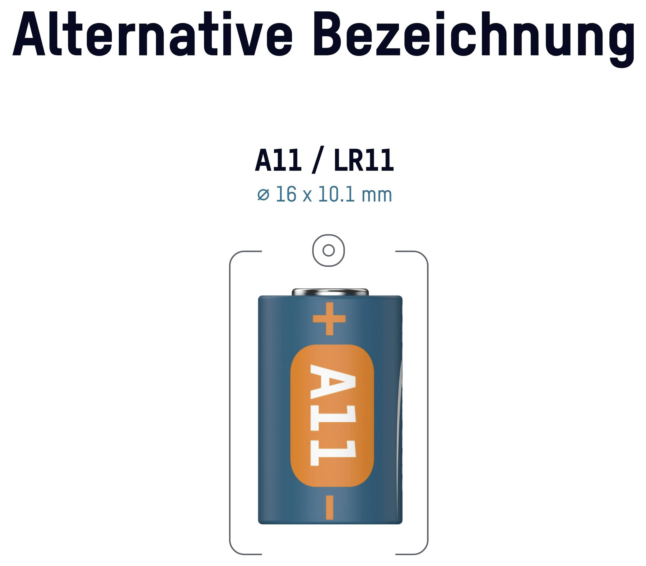 Diagram showing A11/LR11 battery, labeled 'Alternative Bezeichnung' and 'ø 16 x 10,1 mm', with plus and minus polarity markings.