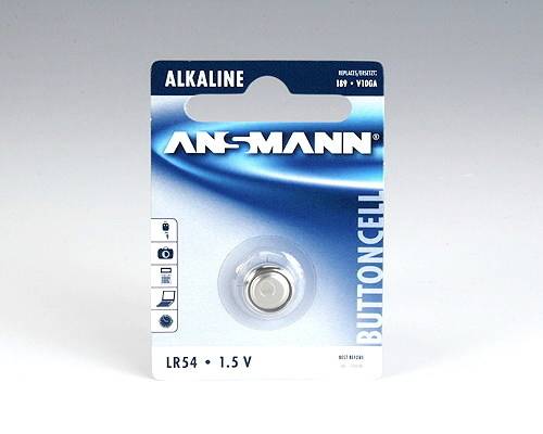 ANSMANN alkaline LR54 1.5V button cell battery in retail blister packaging.<br>