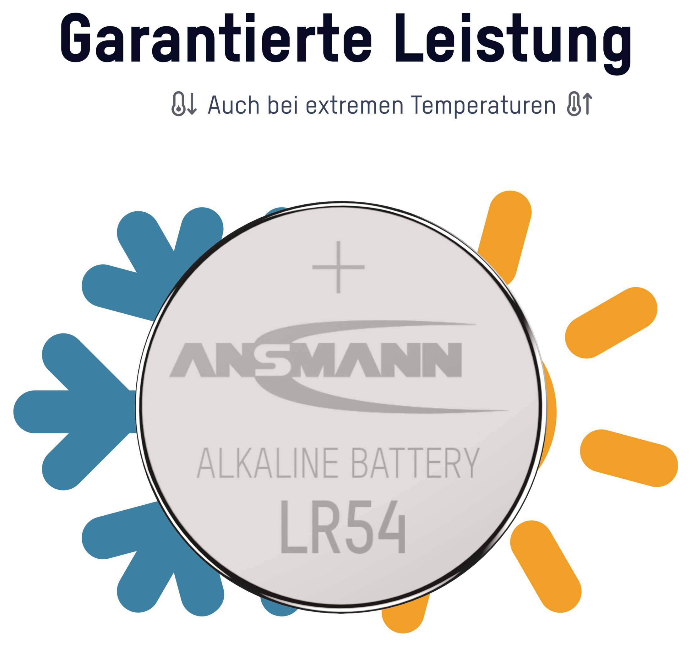 Garantierte Leistung auch bei extremen Temperaturen: ANSMANN Alkaline Battery LR54, shown with blue cold and orange heat symbols.