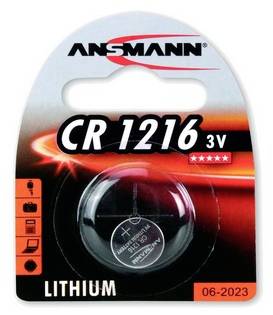 Ansmann CR1216 3V lithium coin battery in retail packaging, with expiration date 06-2023.