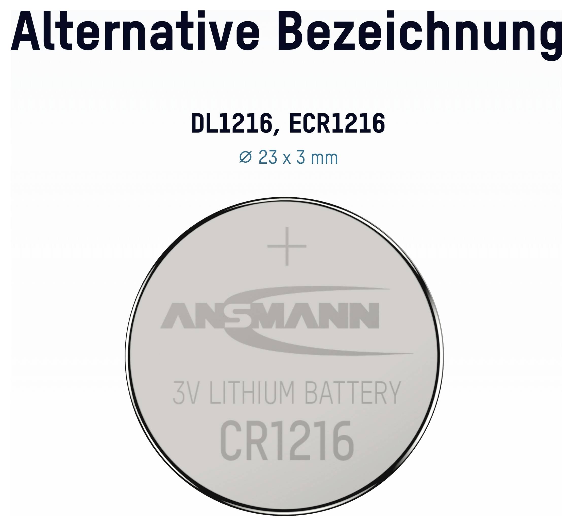 CR1216 3V lithium coin battery, labeled DL1216 and ECR1216, size Ø 23 x 3 mm, with + polarity mark.