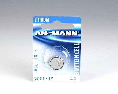 Ansmann lithium CR1616 3V button cell battery in blister packaging.