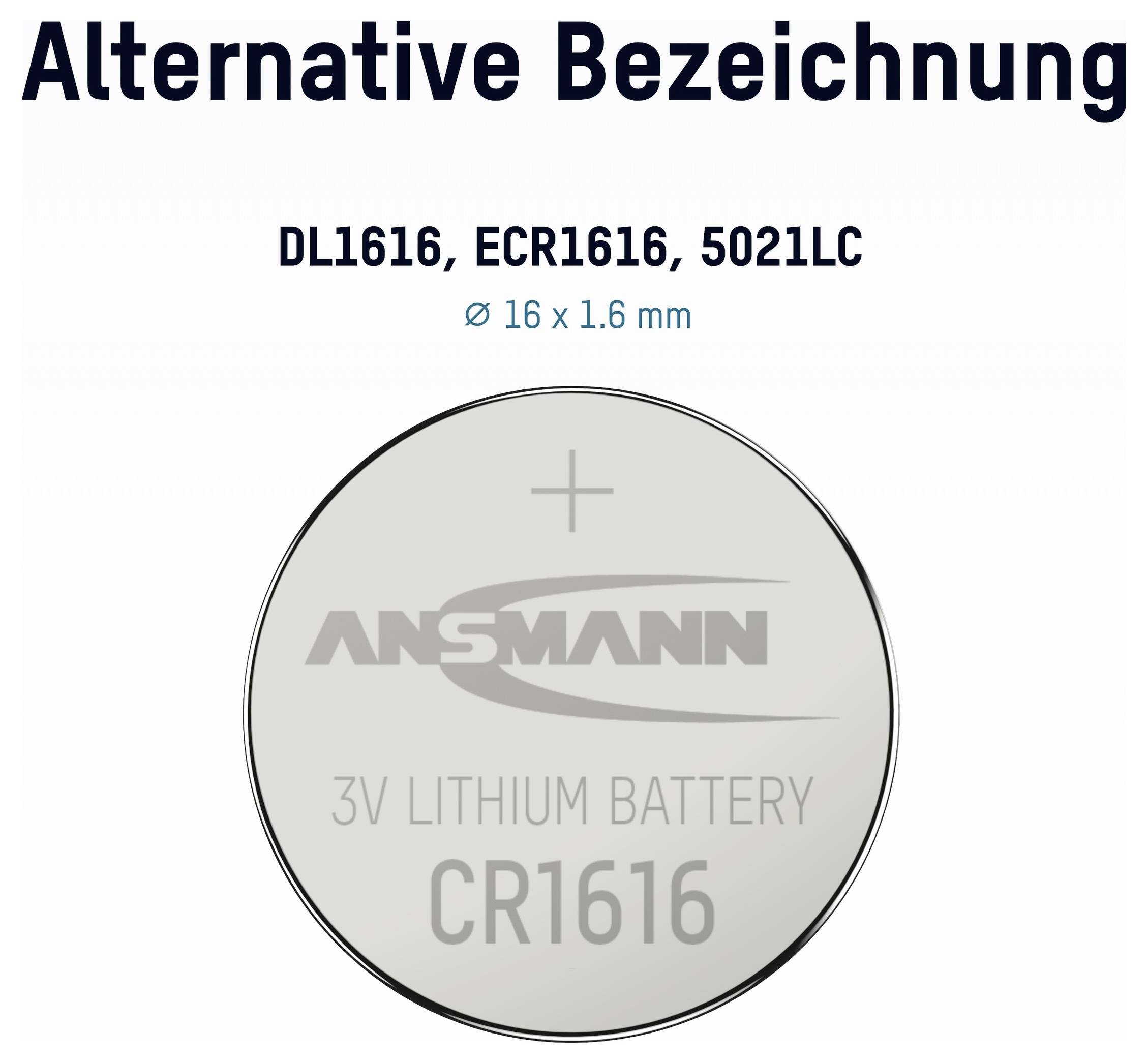 Image of a CR1616 3V lithium coin battery, labeled 'DL1616, ECR1616, 5021LC' and 'Ø 16 x 1.6 mm'.
