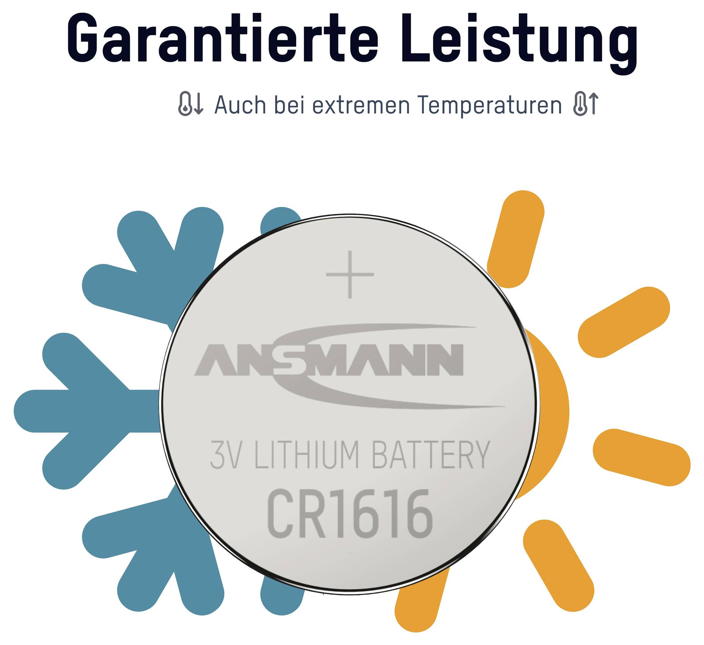 Advertisement for ANSMANN CR1616 3V lithium battery with the text 'Garantierte Leistung' and 'Auch bei extremen Temperaturen', shown between blue snowflakes and orange sun rays.