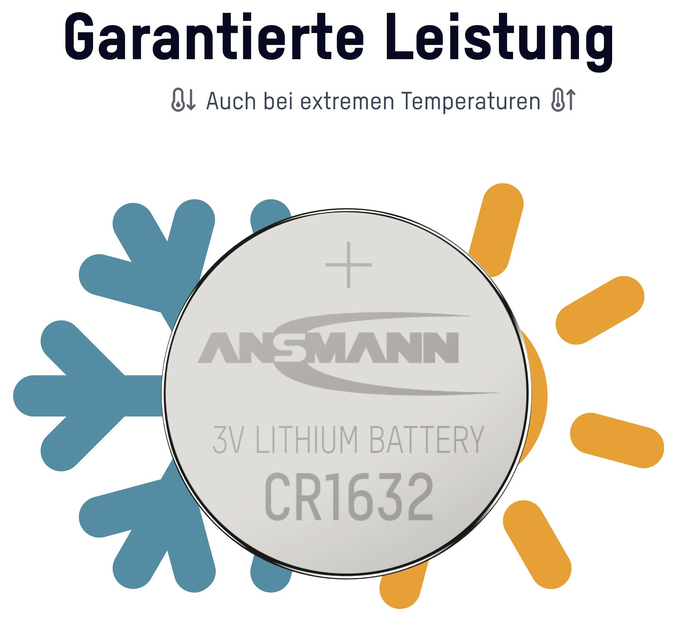German promo graphic for an ANSMANN CR1632 lithium battery, titled 'Garantierte Leistung' with text 'Auch bei extremen Temperaturen,' showing cold and heat icons.