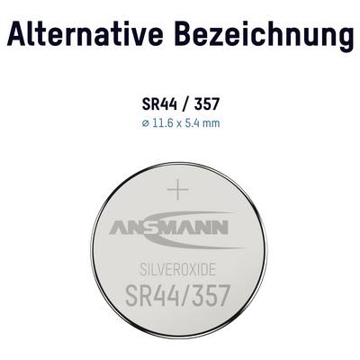 Product image of a silver oxide button cell battery labeled 'SR44 / 357' with dimensions 'ø 11.6 x 5.4 mm' and the ANSMANN logo.<br>