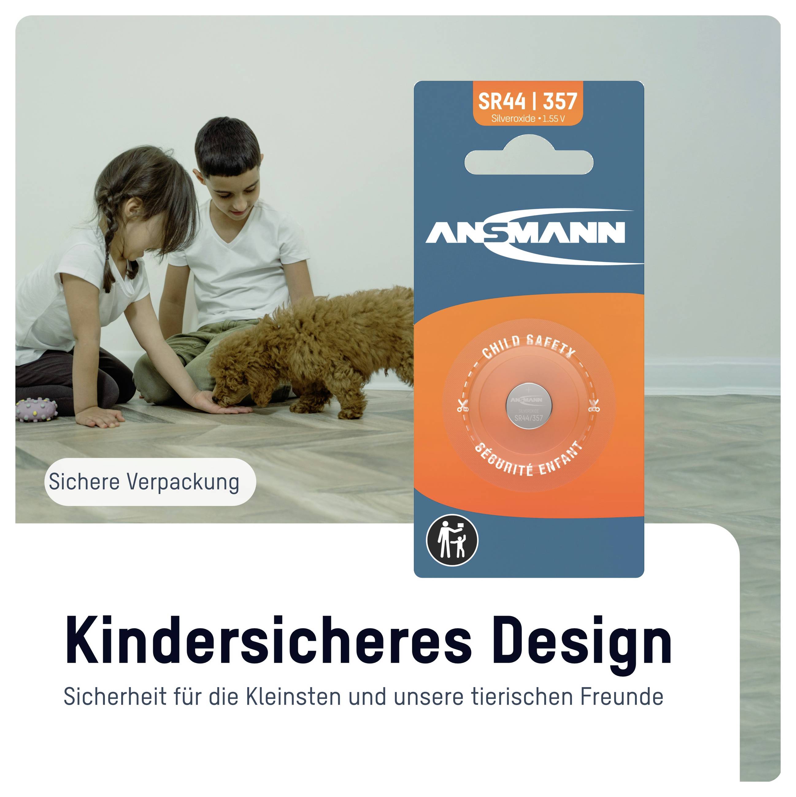 Ansmann battery package with child-safe design label, showing two children and a small dog in a home, with German text 'Kindersicheres Design' and 'Sichere Verpackung'.