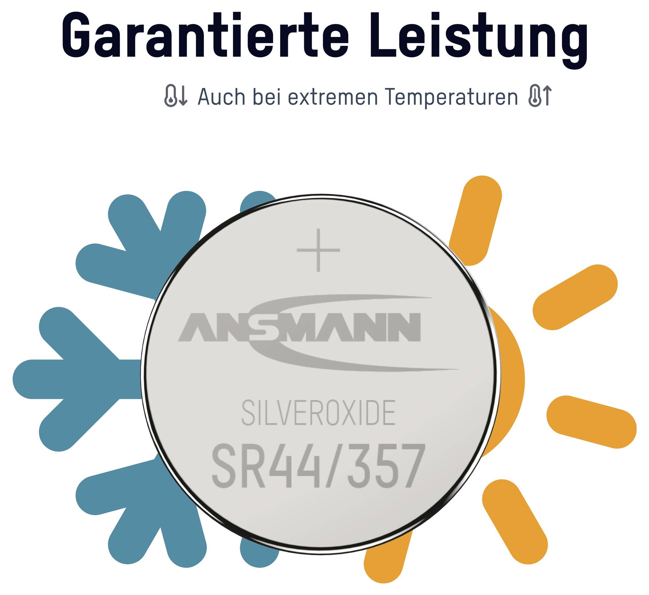 Illustration of an ANSMANN Silveroxide SR44/357 battery with 'Guaranteed performance' and 'Even in extreme temperatures' text, shown between cold and heat icons.