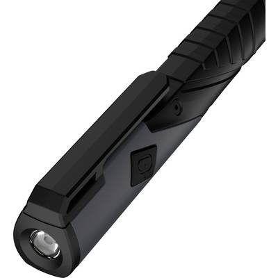 Black handheld flashlight with textured grip and side power button, shown on a white background.