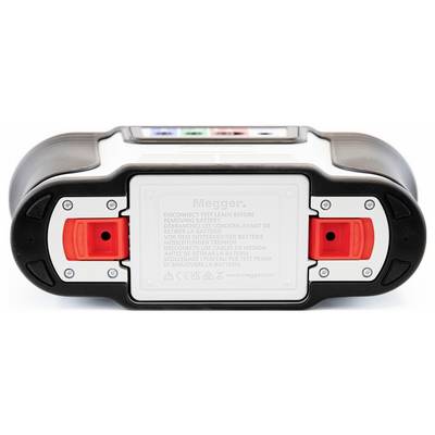 Close-up of a Megger handheld testing device with two red probe ports and a central display panel on a white background.