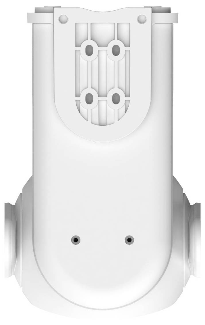 Front view of a white cylindrical mechanical device with side mounts, vented top panel, and two small front ports.