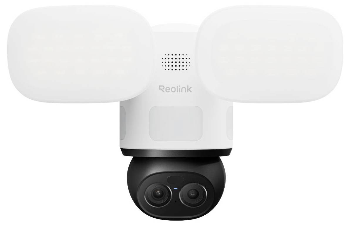 White Reolink outdoor security camera with dual floodlights and a black pan-tilt lens on a white background.