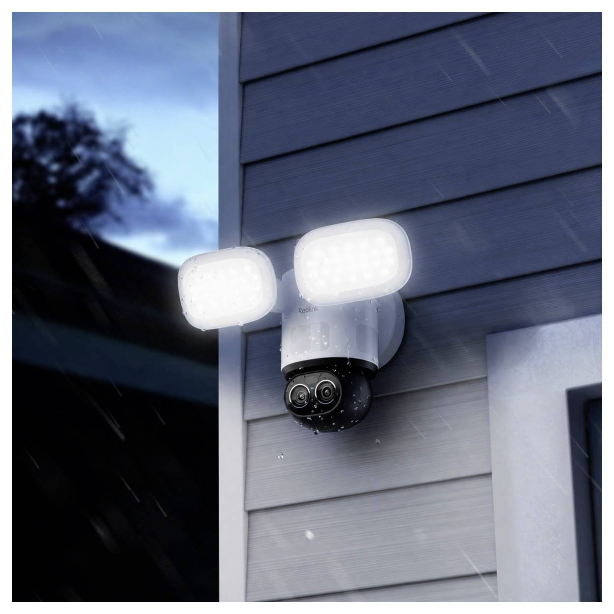 Outdoor security camera with two bright floodlights mounted on a house exterior at night, watching the yard in the rain.