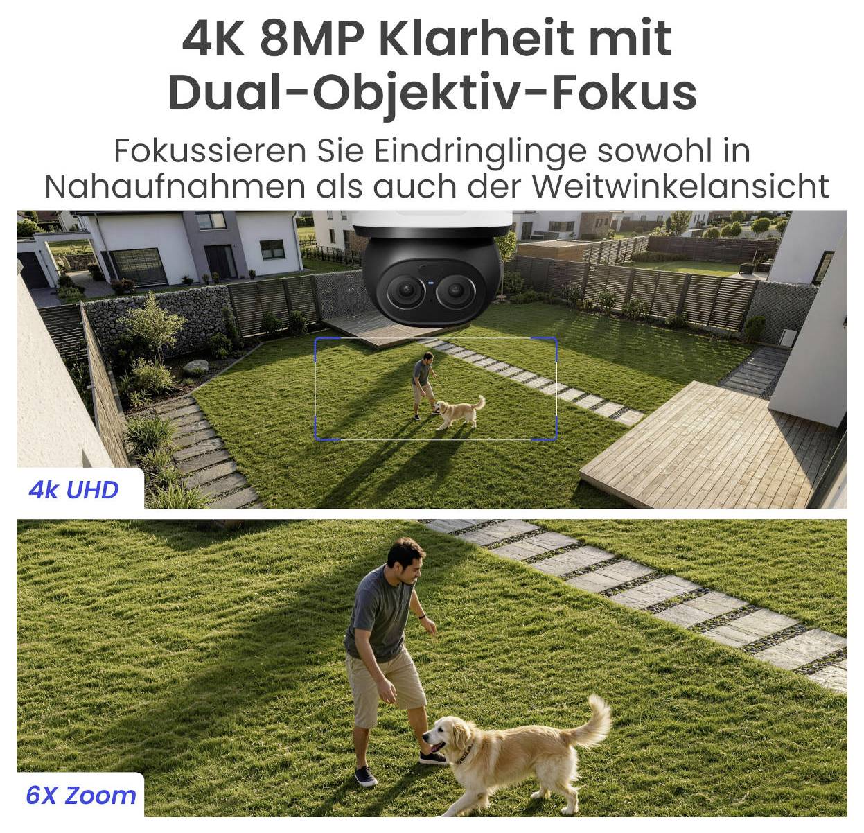 Advertisement for a Surveillance Camera: '4K 8MP Clarity with Dual-Lens Focus', detecting intruders via close-up and wide-angle views; displays garden with marked person detection zone and 6x zoom.
