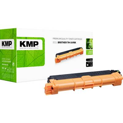 Green KMP premium quality toner cartridge packaging and an orange Brother TN-249BK toner cartridge shown on a white background.
