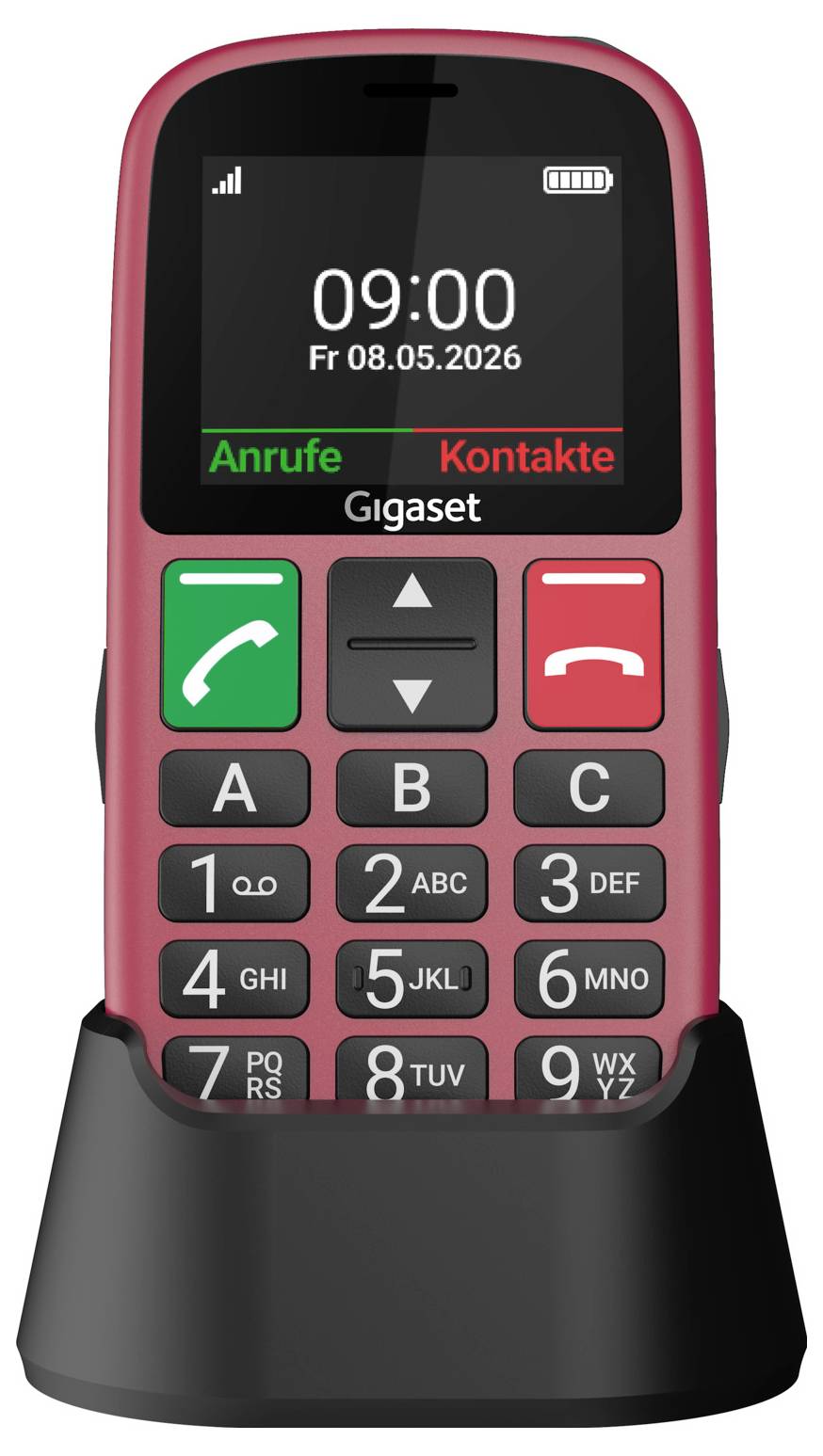 Red Gigaset mobile phone on a charging dock, showing 09:00 and German menu labels 'Anrufe' and 'Kontakte' on the screen.